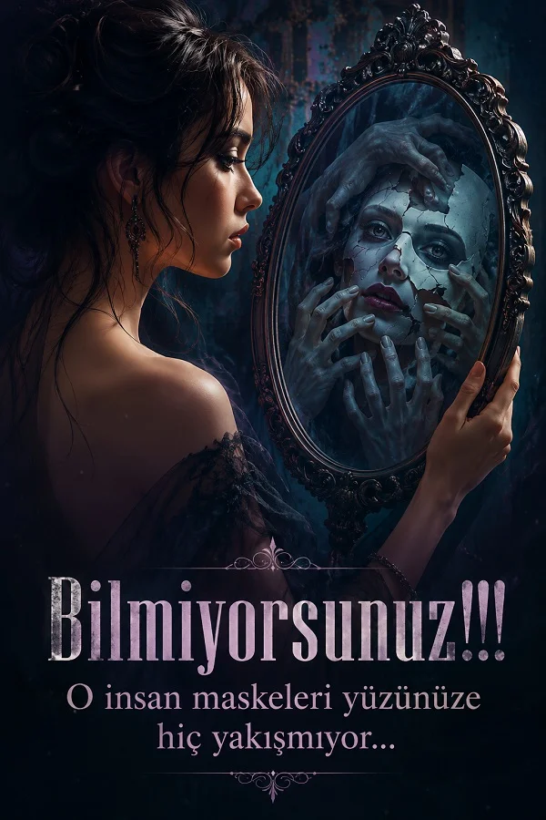 Aynaya bakan bir kadın ve aynadaki çatlamış yüzle birlikte “Bilmiyorsunuz!!! O insan maskeleri yüzünüze hiç yakışmıyor...” sözünün yer aldığı karanlık tonlu tasarım.