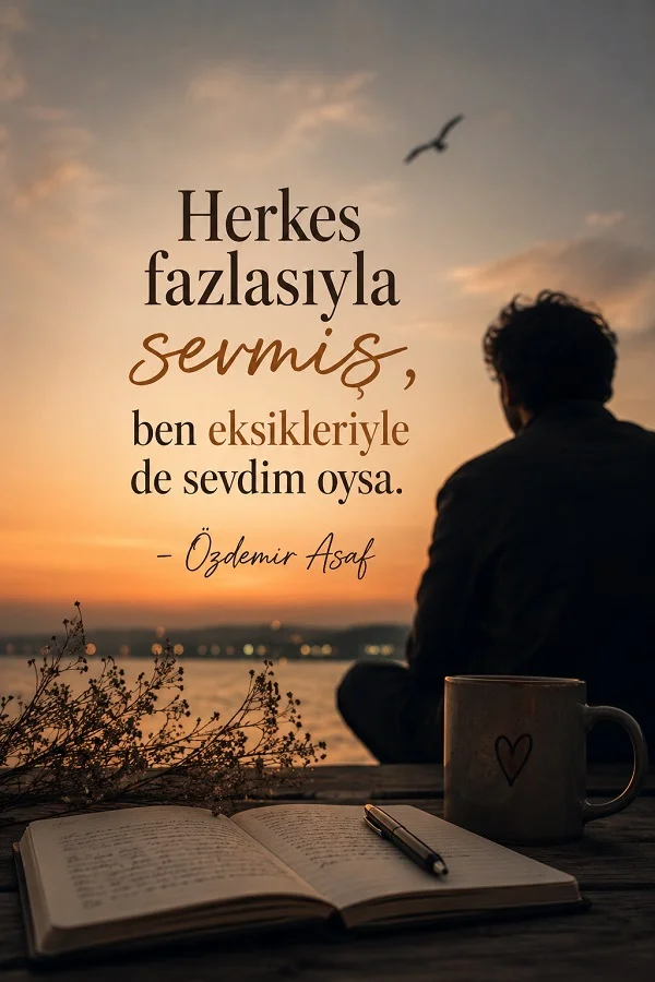 Gün batımında deniz kenarında oturan bir adam, önünde açık defter ve kahve fincanı bulunan sahnede “Herkes fazlasıyla sevmiş, ben eksikleriyle de sevdim oysa. – Özdemir Asaf” sözü.