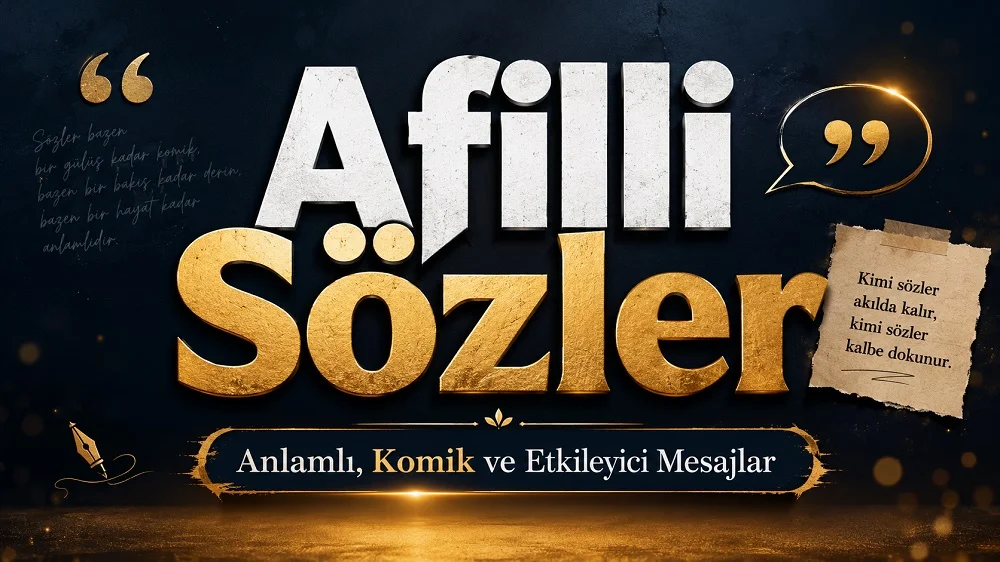Afilli Sözler başlıklı, koyu lacivert zemin üzerinde altın ve beyaz tipografi, tırnak işaretleri, konuşma balonu ve not kâğıdı detayları bulunan etkileyici blog kapak görseli.