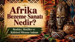 Afrika bezeme sanatını anlatan; geleneksel Afrika maskeleri, desenli kumaşlar, el yapımı objeler ve kültürel motiflerle hazırlanmış kapak görseli.