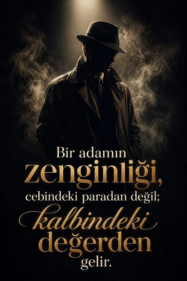 Dumanlar içindeki fötr şapkalı adam silüetiyle “Bir adamın zenginliği, cebindeki paradan değil; kalbindeki değerden gelir.” sözünün yer aldığı anlamlı görsel.