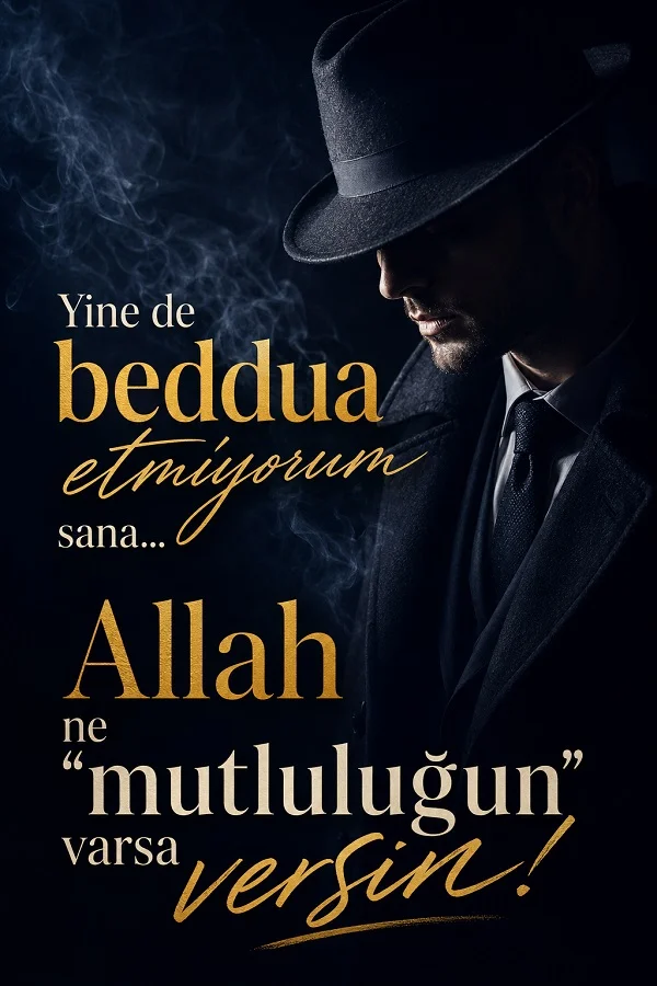 Koyu arka planda fötr şapkalı adamın yer aldığı ve “Yine de beddua etmiyorum sana… Allah ne mutluluğun varsa versin!” sözünün yazılı olduğu sitemli görsel.