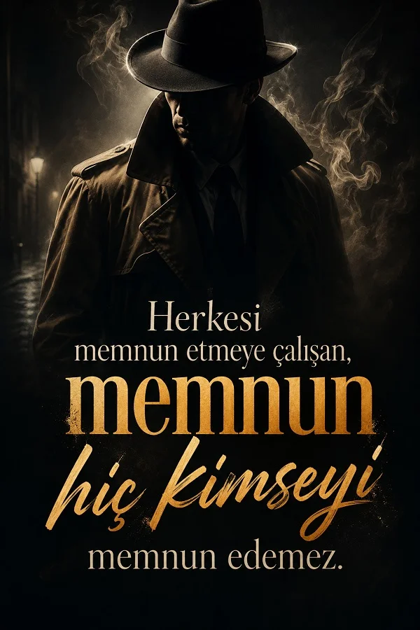 Karanlık ve dumanlı fonda fötr şapkalı adam figürüyle “Herkesi memnun etmeye çalışan, memnun hiç kimseyi memnun edemez.” yazılı anlamlı söz tasarımı.