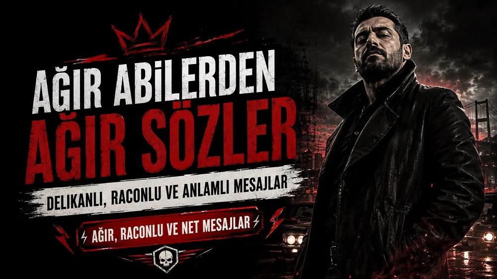 Ağır abilerden ağır sözler başlıklı, siyah-kırmızı tonlarda hazırlanmış, deri ceketli karizmatik erkek figürü, şehir arka planı ve sert yazı stili bulunan raconlu sözler kapak görseli.