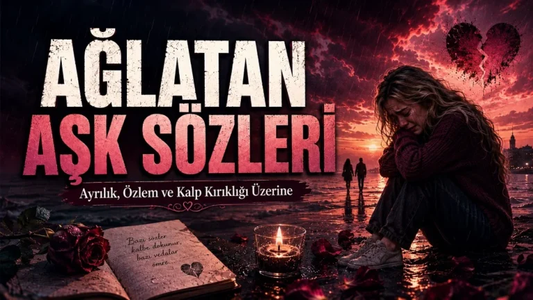 Yağmurlu ve hüzünlü bir fonda, ağlayan sarı dalgalı uzun saçlı bir kızın yer aldığı; kırık kalp, mum ve gül detaylarıyla hazırlanmış “Ağlatan Aşk Sözleri” kapak görseli.