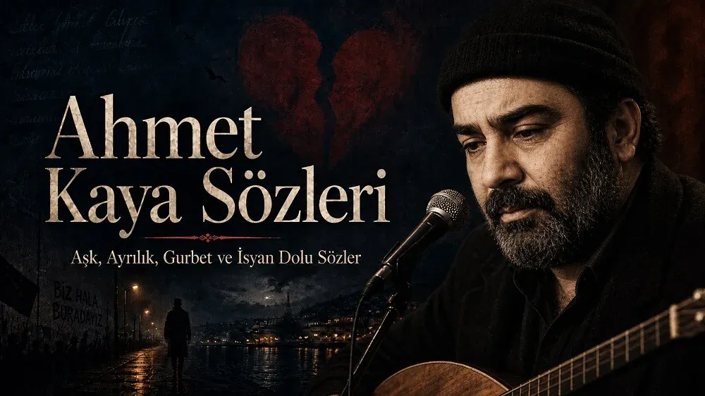 Ahmet Kaya Sözleri başlıklı, aşk ayrılık gurbet ve isyan temasını yansıtan karanlık atmosferli kapak görseli.