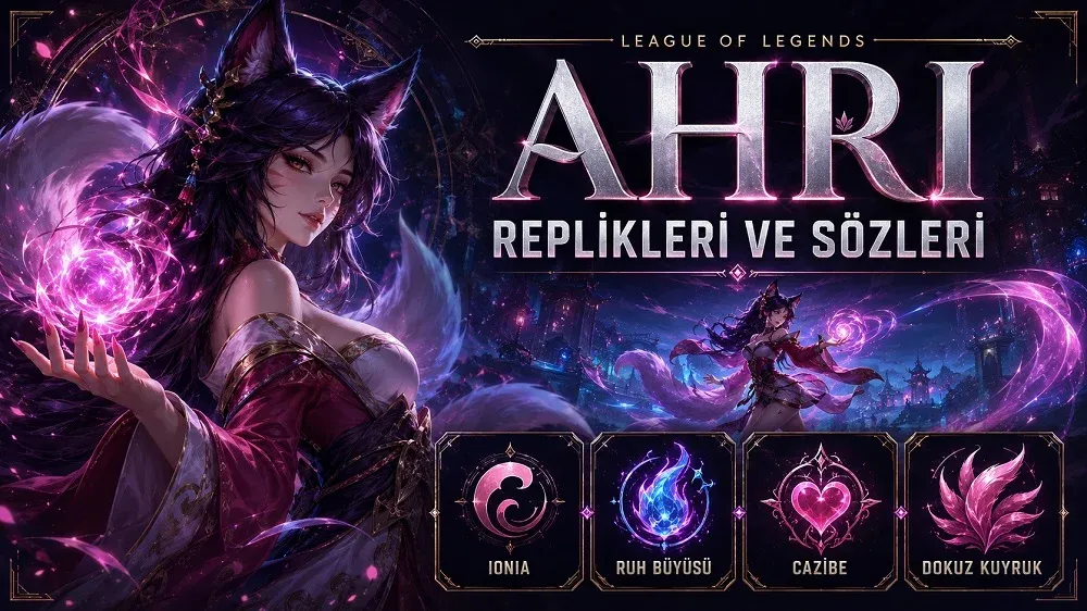 Ahri Replikleri ve Sözleri başlıklı, pembe mor büyü efektleriyle hazırlanmış League of Legends temalı fantastik kapak görseli.
