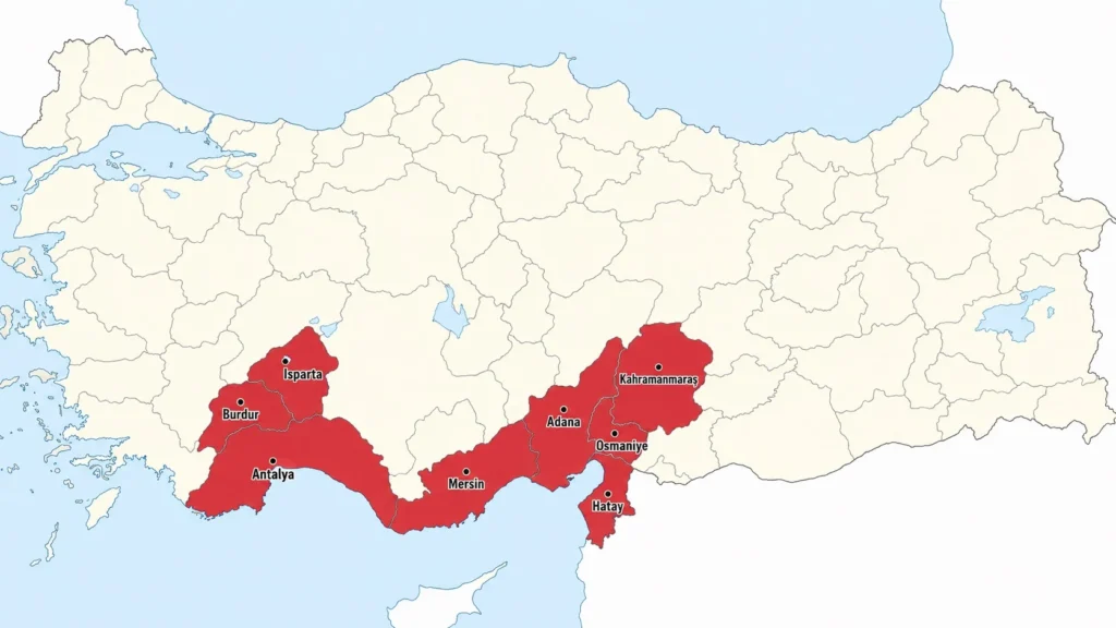 Türkiye haritasında Akdeniz Bölgesi illerini gösteren görsel; Antalya, Burdur, Isparta, Mersin, Adana, Osmaniye, Hatay ve Kahramanmaraş kırmızı renkle işaretlenmiş.