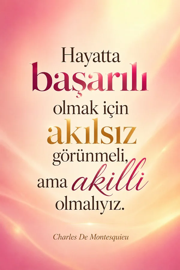 Pembe ve altın tonlu yumuşak arka plan üzerinde “Hayatta başarılı olmak için akılsız görünmeli, ama akıllı olmalıyız.” Charles De Montesquieu sözü yer alıyor.