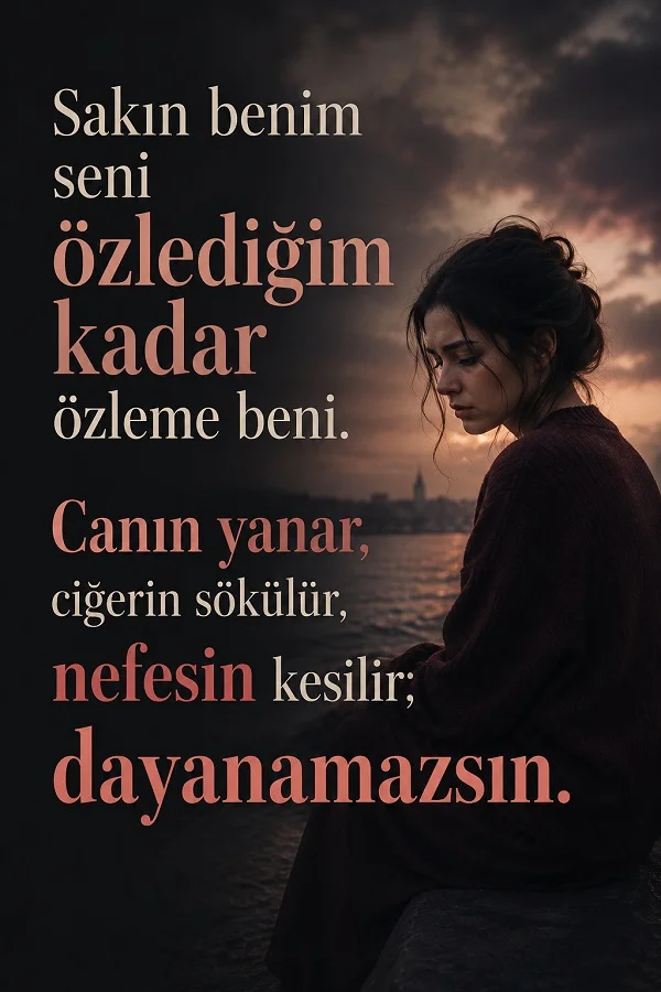 Deniz kenarında oturan hüzünlü bir kadın figürüyle “Sakın benim seni özlediğim kadar özleme beni. Canın yanar, ciğerin sökülür, nefesin kesilir; dayanamazsın.” sözü yer alıyor.