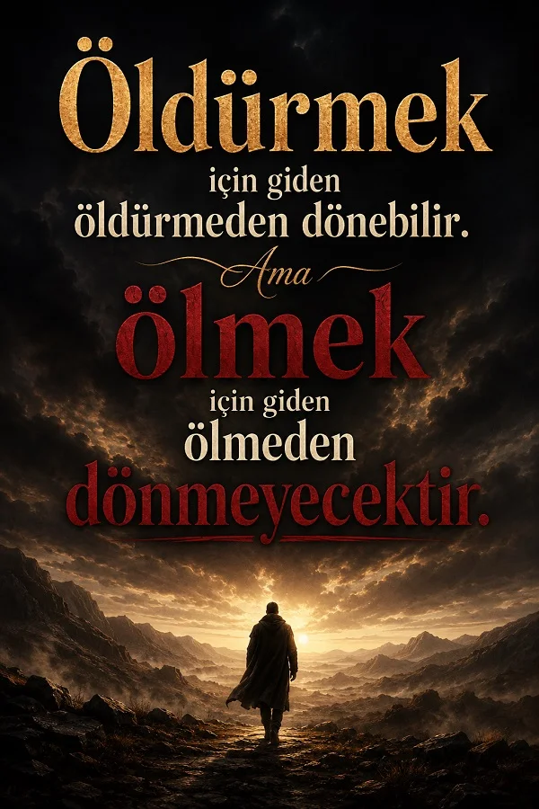 Kayalık arazide ufka doğru yürüyen bir kişi ve “Öldürmek için giden öldürmeden dönebilir. Ama ölmek için giden ölmeden dönmeyecektir.” sözü yer alıyor.