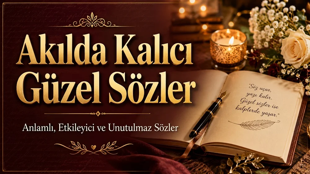 Kahverengi ve altın tonlarda hazırlanmış kapak görselinde, “Akılda Kalıcı Güzel Sözler” başlığı, açık defter, kalem, mum ve çiçek detayları yer alıyor.