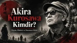 Akira Kurosawa kimdir başlığı için hazırlanmış, Japon sineması, samuray silüetleri ve film şeridi detayları içeren sinematik kapak görseli.