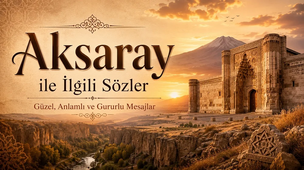 Aksaray ile İlgili Sözler yazısının yer aldığı, tarihi kervansaray, vadi manzarası, Hasan Dağı silüeti ve gün batımı detayları bulunan estetik kapak görseli.