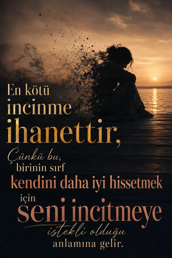 Gün batımında iskelede oturan kadın silüeti üzerinde “En kötü incinme ihanettir; çünkü bu, birinin sırf kendini daha iyi hissetmek için seni incitmeye istekli olduğu anlamına gelir.” sözü.