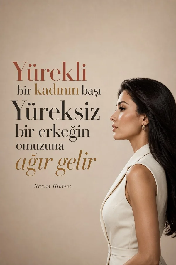 Sade arka plan önünde beyaz kıyafetli kadın profili ve “Yürekli bir kadının başı yüreksiz bir erkeğin omuzuna ağır gelir.” Nazım Hikmet sözü.