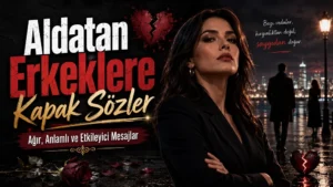 Koyu tonlarda hazırlanmış kapak görselinde, güçlü bir kadın figürü, kırık kalp detayları ve “Aldatan Erkeklere Kapak Sözler” başlığı yer alıyor.