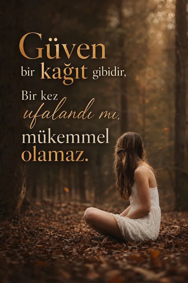 Sonbahar ormanında yere oturan kadın figürü ve “Güven bir kağıt gibidir, bir kez ufalandı mı, mükemmel olamaz.” sözü.