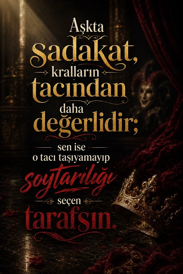 Karanlık saray ortamında yerde duran taç eşliğinde “Aşkta sadakat, kralların tacından daha değerlidir; sen ise o tacı taşıyamayıp soytarılığı seçen tarafsın.” sözü.
