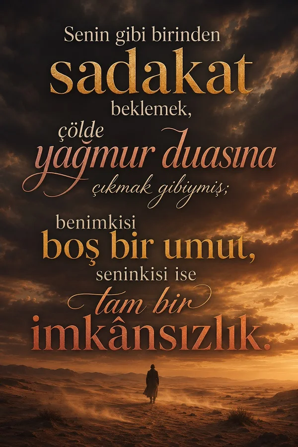 Çöl manzarasında yalnız yürüyen kişi ve “Senin gibi birinden sadakat beklemek, çölde yağmur duasına çıkmak gibiymiş; benimkisi boş bir umut, seninkisi ise tam bir imkânsızlık.” sözü.