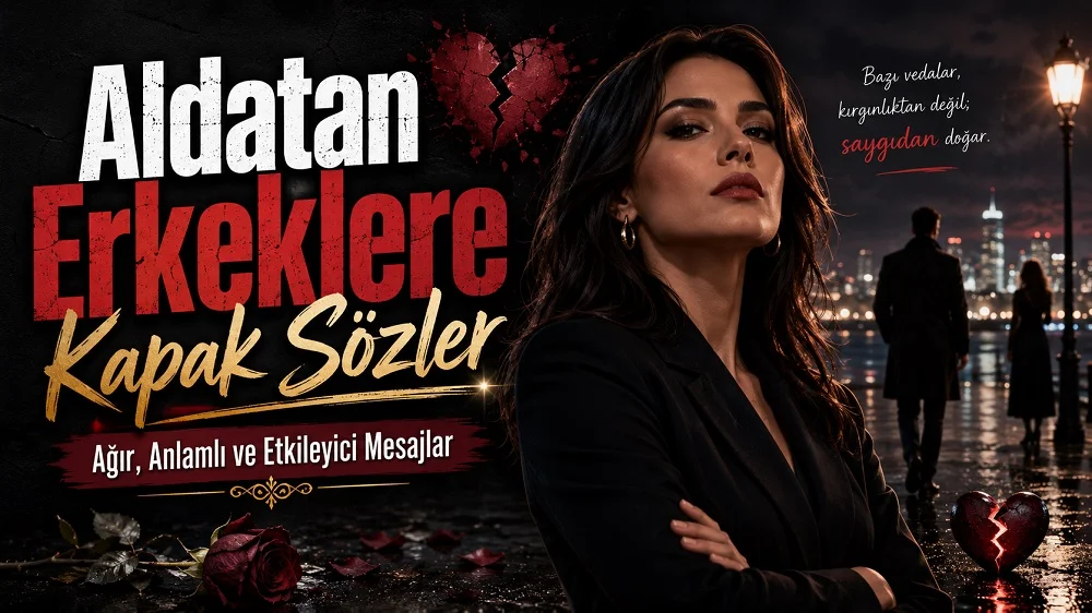 Koyu tonlarda hazırlanmış kapak görselinde, güçlü bir kadın figürü, kırık kalp detayları ve “Aldatan Erkeklere Kapak Sözler” başlığı yer alıyor.