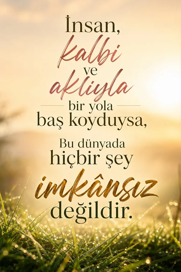 Sabah ışığında çimenlerin üzerinde “İnsan, kalbi ve aklıyla bir yola baş koyduysa, bu dünyada hiçbir şey imkânsız değildir.” sözünün yer aldığı motivasyon tasarımı.