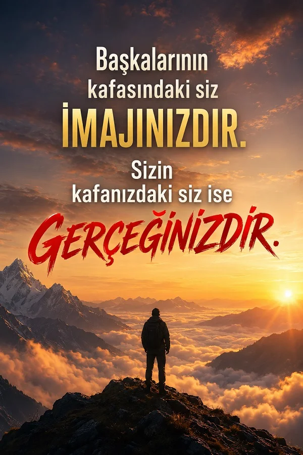 Gün doğumunda dağ zirvesinde duran bir kişi ve “Başkalarının kafasındaki siz imajınızdır. Sizin kafanızdaki siz ise gerçeğinizdir.” sözünün yer aldığı anlamlı motivasyon görseli.
