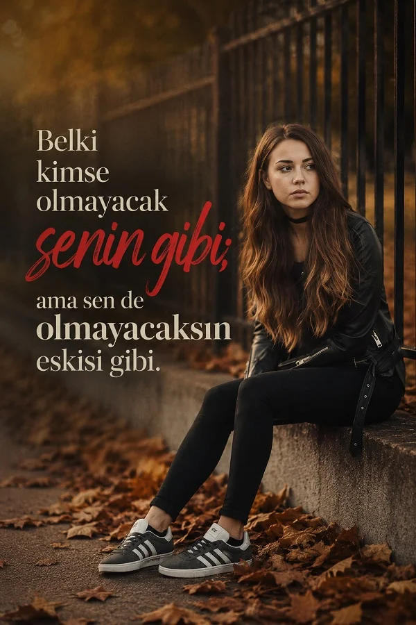 Sonbahar yaprakları arasında kaldırım kenarında oturan genç kadın ve kimsenin senin gibi olmayacağını, ama insanın da artık eskisi gibi kalamayacağını anlatan duygusal söz.