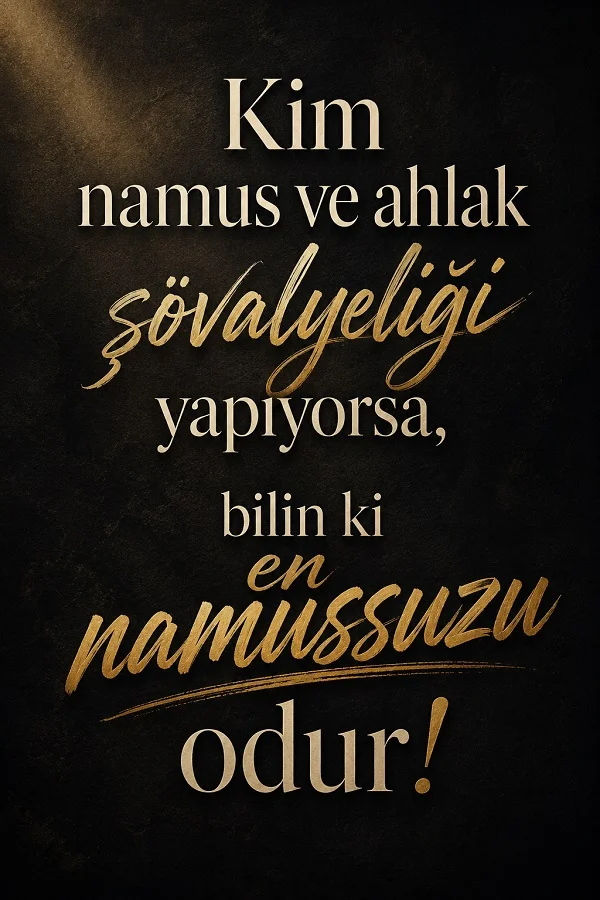 Siyah zemin üzerinde altın tonlu şık yazıyla “Kim namus ve ahlak şövalyeliği yapıyorsa, bilin ki en namussuzu odur!” sözü yer alıyor.