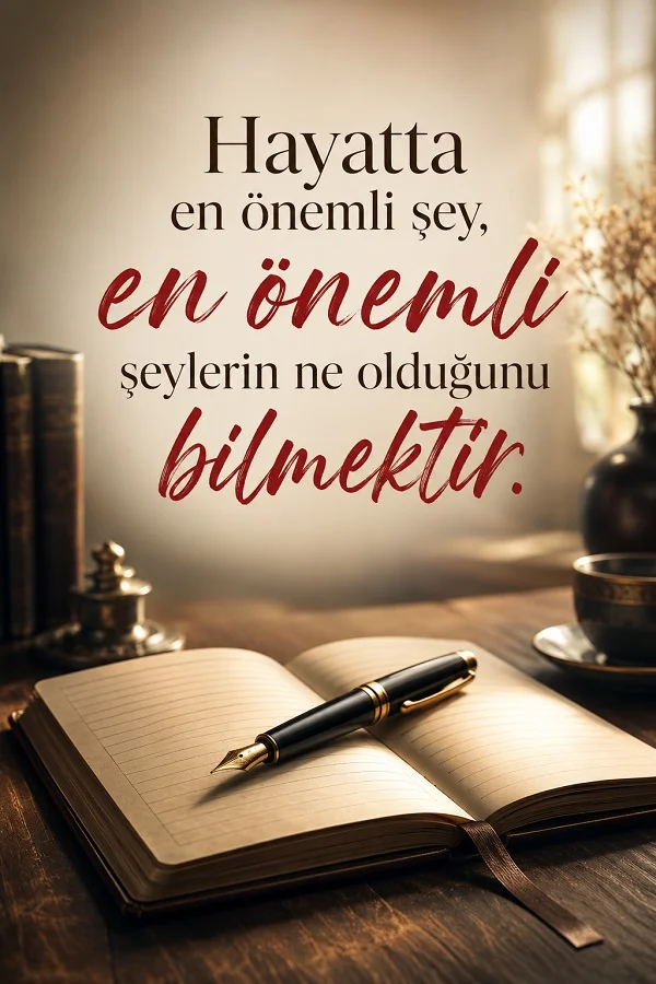 Açık defter ve dolma kalem bulunan masa üzerinde “Hayatta en önemli şey, en önemli şeylerin ne olduğunu bilmektir.” yazılı anlamlı söz tasarımı.