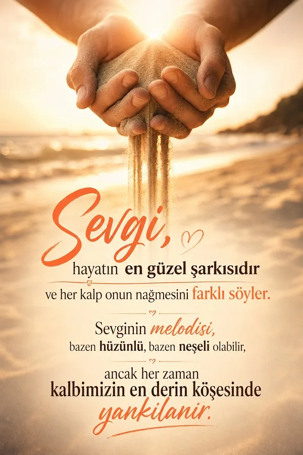 Sahilde ellerinden kum dökülen bir kişinin yer aldığı ve sevgiyi hayatın en güzel şarkısı olarak anlatan uzun sözün bulunduğu duygusal görsel.