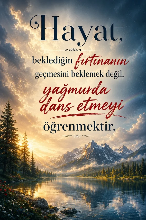 Dağ, göl, yağmur ve gökyüzü manzarası üzerinde “Hayat, beklediğin fırtınanın geçmesini beklemek değil, yağmurda dans etmeyi öğrenmektir.” yazısı.
