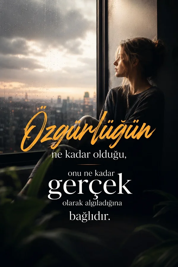 Pencere önünde oturup dışarıyı izleyen bir kadın ve “Özgürlüğün ne kadar olduğu, onu ne kadar gerçek olarak algıladığına bağlıdır” sözünün yer aldığı anlamlı görsel.