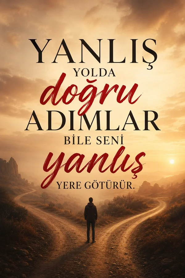 Gün batımında ikiye ayrılan yolun ortasında duran kişi ve “Yanlış yolda doğru adımlar bile seni yanlış yere götürür.” yazılı söz tasarımı.