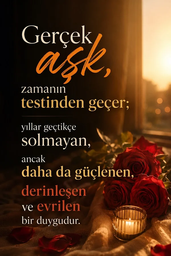 Kırmızı güller ve mum ışığı eşliğinde hazırlanmış, “Gerçek aşk, zamanın testinden geçer” sözünü içeren romantik görsel.