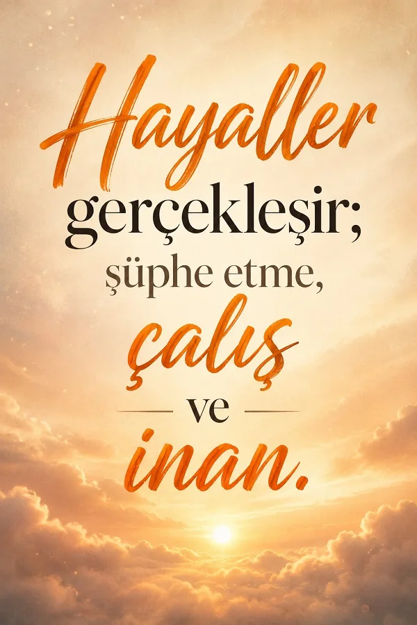 Güneş ışığı ve bulutlar üzerinde “Hayaller gerçekleşir; şüphe etme, çalış ve inan.” yazılı motivasyon sözü.