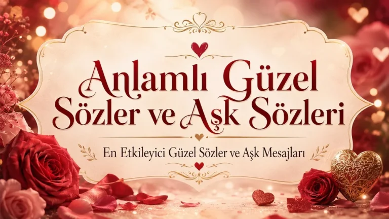 Kırmızı güller, kalp detayları ve romantik tonlarla hazırlanmış Anlamlı Güzel Sözler ve Aşk Sözleri kapak görseli.
