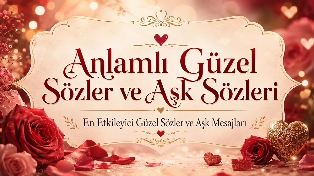 Kırmızı güller, kalp detayları ve romantik tonlarla hazırlanmış Anlamlı Güzel Sözler ve Aşk Sözleri kapak görseli.