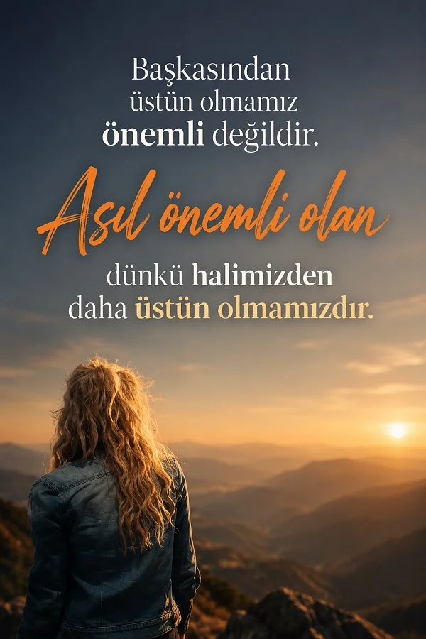 Dağ manzarasında gün doğumuna bakan bir kadın ve insanın başkasından değil dünkü hâlinden üstün olması gerektiğini anlatan motivasyon sözü.