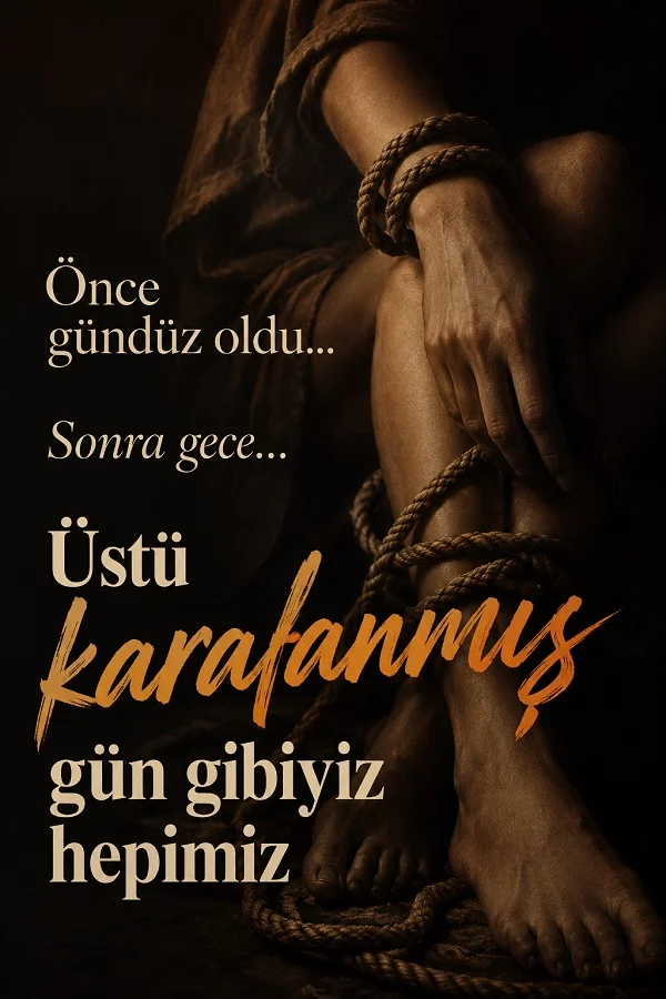 İplerle sarılmış oturan beden detayı ve herkesin üstü kararmış gün gibi olduğunu anlatan karanlık temalı söz.