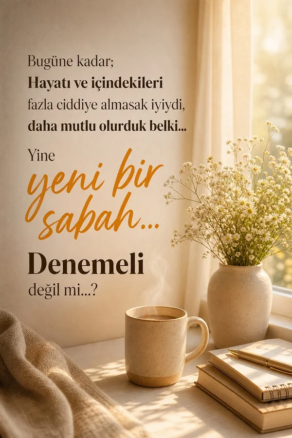 Pencere önünde kahve, çiçek ve defter eşliğinde yeni bir sabahı yeniden denemeyi anlatan umut verici söz.