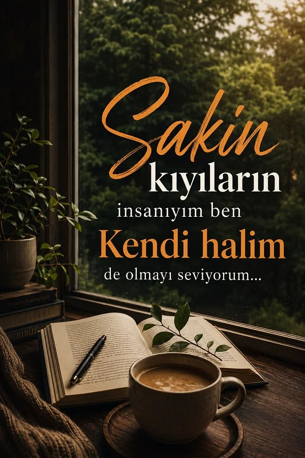 Pencere önünde kahve ve açık kitapla, sakin kıyıların insanı olup kendi halinde yaşamayı seven ruhu anlatan söz.