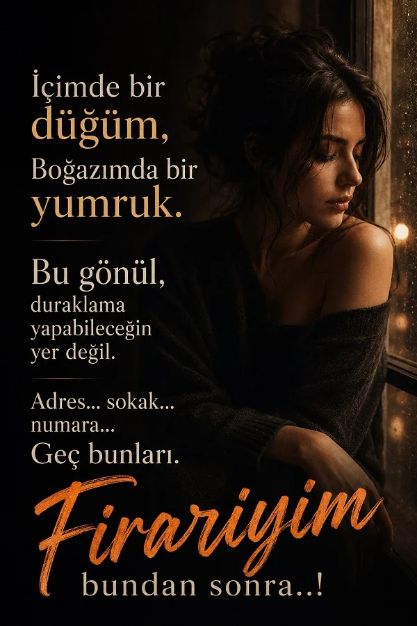 Pencere önünde oturan düşünceli kadın ve içindeki düğümle birlikte artık firari olduğunu anlatan duygusal söz.