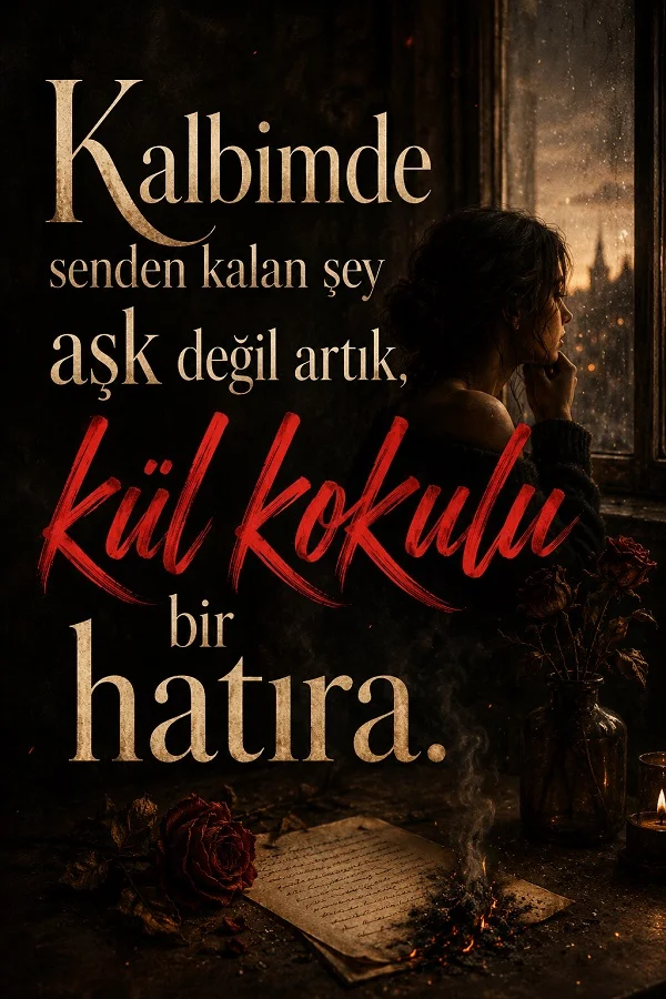 Pencere önünde dalgın oturan kadın, masada yanmış mektup ve güller eşliğinde kalpte kalan kül kokulu hatırayı anlatan duygusal söz.