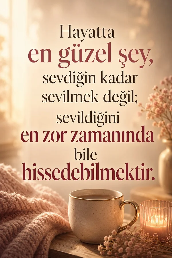 Kahve fincanı, mum ve yumuşak bir battaniye eşliğinde sevginin en zor zamanda hissedilmesini anlatan söz görseli.
