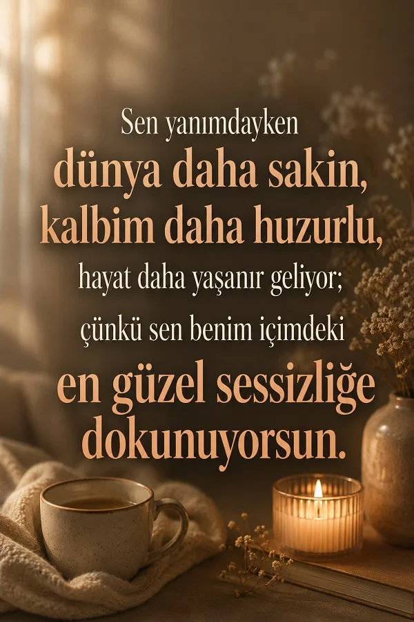 Mum ışığı, kahve fincanı ve sade dekor eşliğinde sevilen kişinin verdiği huzuru anlatan romantik söz görseli.