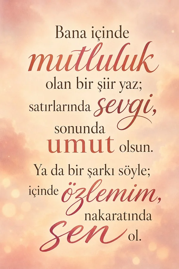 Pastel pembe arka plan üzerinde mutluluk, sevgi, umut ve özlem temalı romantik sözlerin yer aldığı tipografik görsel.