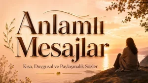 Gün batımı manzarasında deniz kenarında oturan bir figür, sıcak altın tonlar ve kalın vurgulu büyük tipografiyle hazırlanmış “Anlamlı Mesajlar: Kısa, Duygusal ve Paylaşmalık Sözler” başlıklı modern kapak görseli.