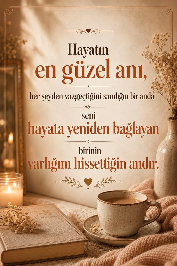 Kitap, kahve fincanı ve mum ışığıyla dekore edilmiş ortamda hayatın en güzel anını anlatan söz görseli.