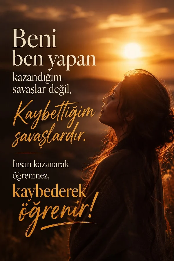 Gün batımında kadın silüeti eşliğinde kayıpların insanı olgunlaştırdığını anlatan etkileyici söz görseli.